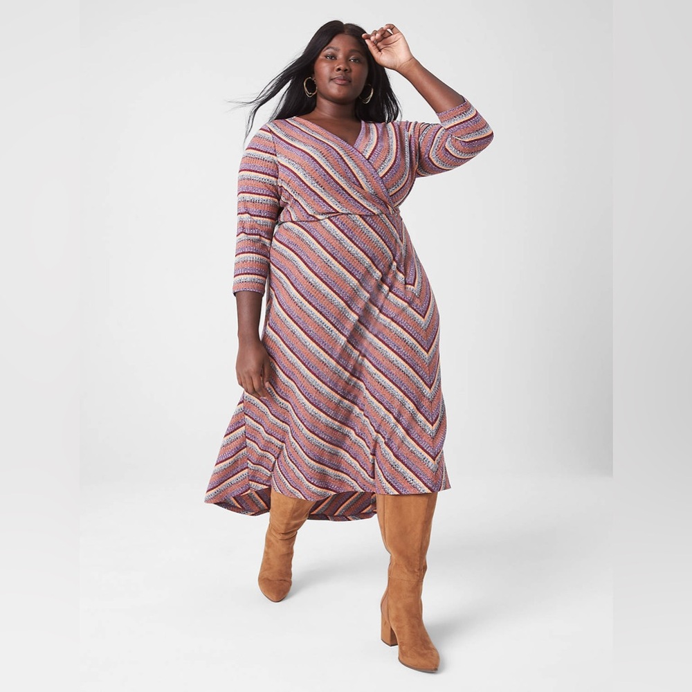 Lane Bryant‎ Multi Stripe 3/4-Sleeve Surplice Rib Midi Dress